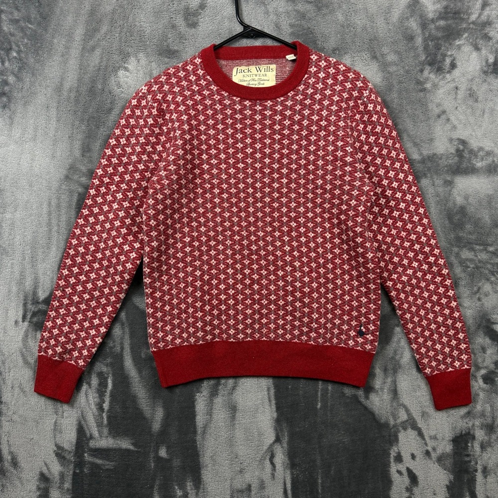 Jack Wills Sweater Mens XL Red Excellent Lambswool Geometric Crewneck Knitwear